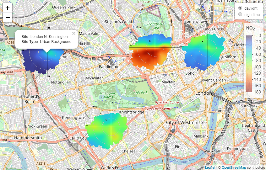A screenshot of a leaflet map. It shows an OpenStreetMap map layer, overlaid with bivariate polar plots. Polar plots are visualisations on polar coordinates with wind direction on the spoke axes, wind speed on the radial axes, and a smooth surface showing pollutant concentrations. A menu is found at the top-right of the map, which allows users to swap between daylight and nighttime observations.